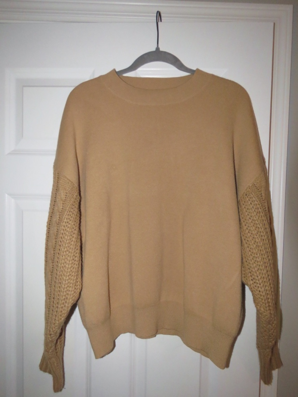 Vici Camel Crewneck Sweater with Textured Sleeves